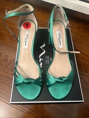 Nina Teal Satin Knotted Open-Toe Ankle-Strap Heels